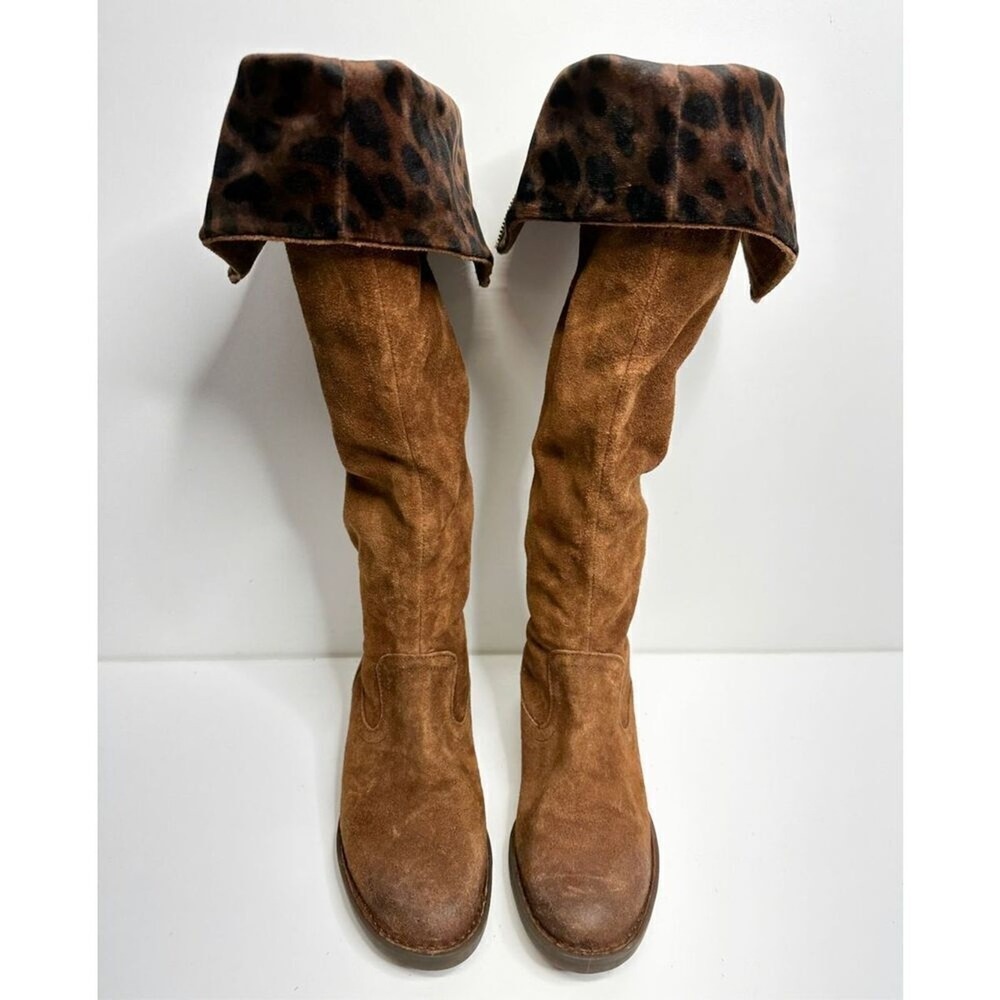 Born Malena‎ Tan Suede Leopard Print Cuff Tall Boots Back Zip 5.5M - Picture 6 of 9